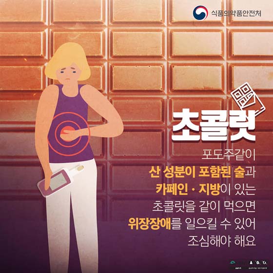 ■ 초콜릿
포도주같이 산 성분이 포함된 술과 카페인·지방이 있는 초콜릿을 같이 먹으면 '위장장애를 일으킬 수 있어 조심해야 해요.