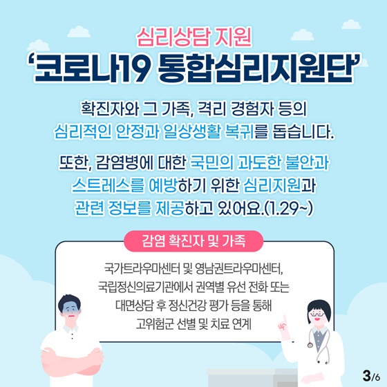 심리상담지원 ‘코로나19 통합심리지원단’
- 확진자와 그 가족, 격리 경험자 등의 심리적인 안정과 일상생활 복귀를 돕습니다.
또한, 감염병에 대한 국민의 과도한 불안과 스트레스를 예방하기 위한 심리지원과 관련 정보를 제공하고 있어요. (1.29~)