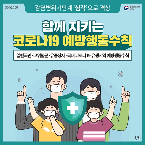 감염병위기단계 '심간'으로 격상
함께 지키는
코로나19 예방행동 수칙
일반국민.고위험군.유증상자.국내코로나19 유행지역 예방행동 수칙