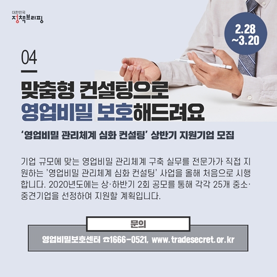 4. 맞춤형 컨설팅으로 영업비밀 보호해드려요 (2.28~3.20)
기업 규모에 맞는 영업비밀 관리체계 구축 실무를 전문가가 직접 지원하는 ’영업비밀 관리체계 심화 컨설팅’ 사업을 올해 처음으로 시행합니다. 2020년도에는 상·하반기 2회 공모를 통해 각각 25개 중소·중견기업을 선정하여 지원할 계획입니다.