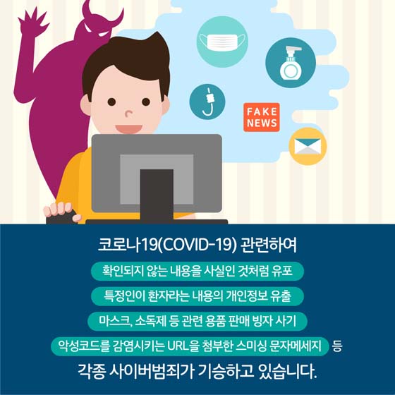 코로나19(COVID-19)관련하여
확인되지 않는 내용을 사실인 것처럼 유포
특정인이 환자라는 내용의 개인정보 유출
마스크, 소독제 등 관련 용품 판매빙자 사기
약성코드를 감염시키는 URL을 첨부한 스미싱 문자메세지