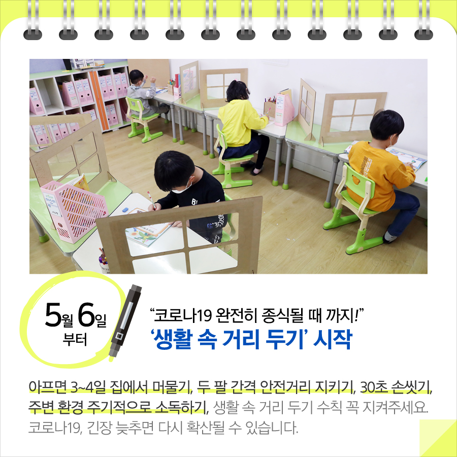 “코로나19 완전히 종식될 때 까지!”…‘생활 속 거리두기’ 시작(5.6~)
아프면 3~4일 집에서 머물기, 두 팔 간격 안전거리 지키기, 30초 손씻기, 주변 환경 주기적으로 소독하기, 생활 속 거리 두기 수칙 꼭 지켜주세요. 코로나19, 긴장 늦추면 다시 확산될 수 있습니다.