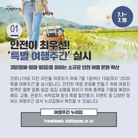 1. 안전이 최우선! 특별 여행주간을 실시합니다. (7.1~7.19)
코로나19로 지친 국민을 위로하기 위해 7월 1일부터 19일까지 ‘2020 특별 여행주간’을 실시합니다. 안전한 여행 문화를 만들기 위해 여행지 방역은 물론 밀폐·밀접·밀집 상황을 피하기 위해 총력을 기울일 예정이에요.