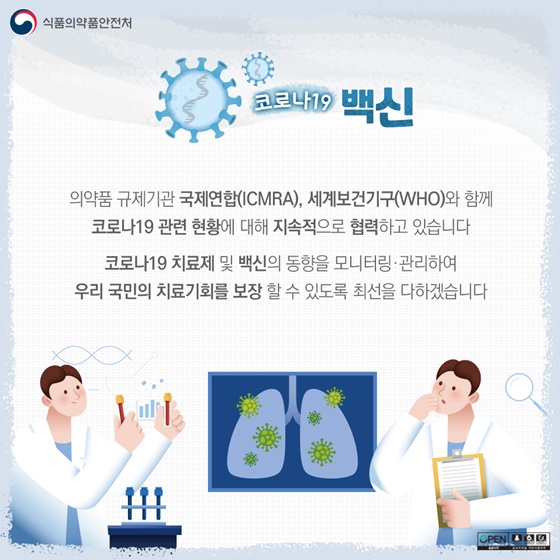 코로나19 백신
 의약품 규제기관 국제연합(ICMRA), 세계보건기구(WHO)와 함께 코로나19 관련 현황에 대해 지속적으로 협력하고 있습니다.