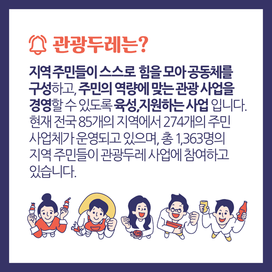 관광두레는?
지역주민들이 스스로 힘을 모아 공통제를 구성하고, 주민의 역량에 맞는 관광사업을 경영할 수 있도록 육성, 지원하는 사업 입니다.