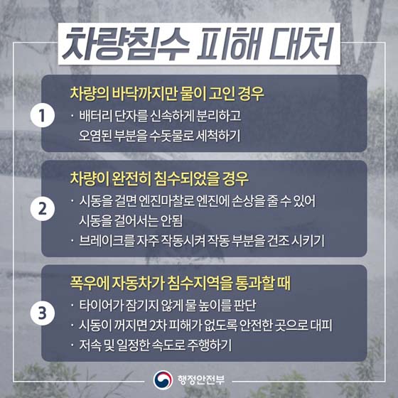 차량침수 피해 대처
① 차량의 바닥까지만 물이 고인 경우 
· 배터리 단자를 신속하게 분리하고 오염된 부분을 수돗물로 세척하기