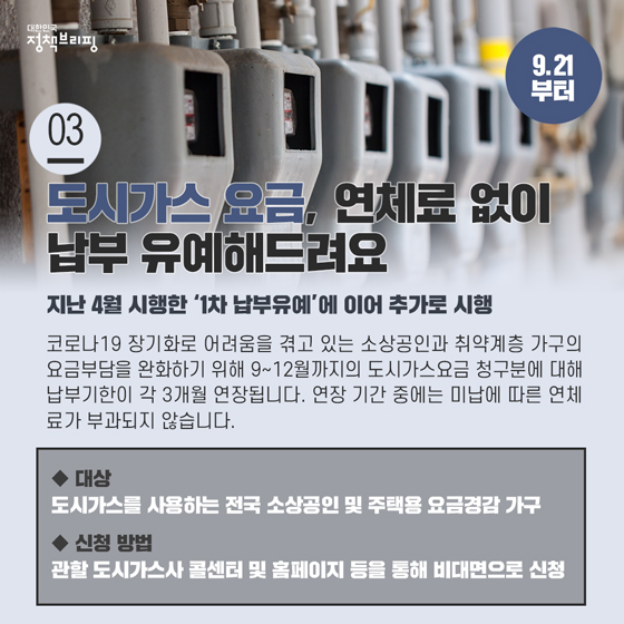 3. 도시가스 요금, 연체료 없이 납부 유예해드려요 (9.21부터)

코로나19 장기화로 어려움을 겪고 있는 소상공인과 취약계층 가구의 요금부담을 완화하기 위해 9~12월까지의 도시가스요금 청구분에 대해 납부기한이 각 3개월 연장됩니다. 연장 기간 중에는 미납에 따른 연체료가 부과되지 않습니다.