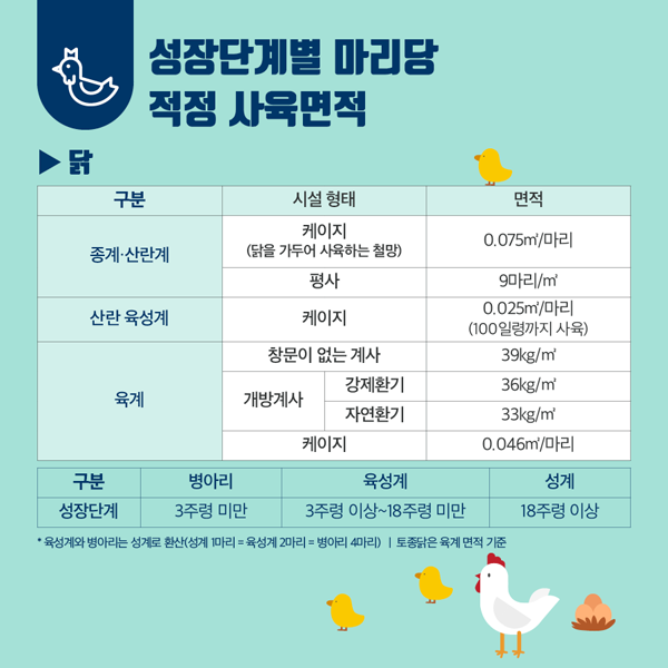 성장단게별 마리당 적겅 사육면적
닭