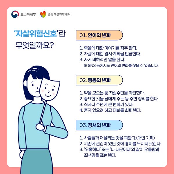 '자살위험신호'란 무엇일까요?
01. 언어의 변화
1. 죽음에 대한 이야기를 자주한다.
2. 자살에 대한 임시계획을 엄급한다.
3. 자기 비하적인 말을 한다