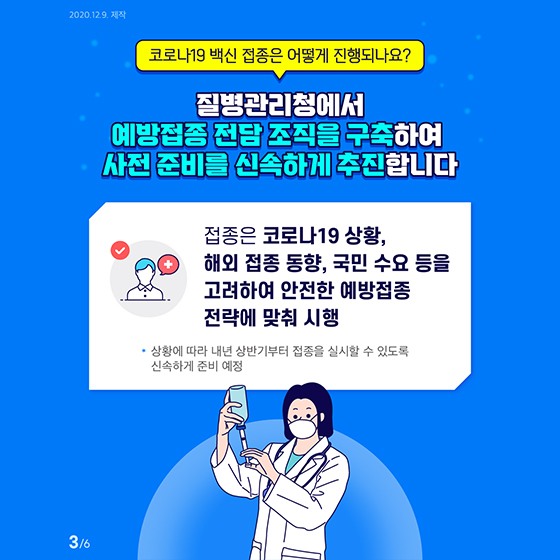 Q. 코로나19 백신 접종은 어떻게 진행되나요?
질병관리청에서 예방접종 전담 조직을 구축하여 사전 준비를 신속하게 추진합니다. 접종은 코로나19 상황, 해외 접종 동향, 국민 수요 등을 고려하여 안전한 예방접종 전략에 맞춰 시행합니다. 상황에 따라 내년 상반기부터 접종을 실시할 수 있도록 신속하게 준비 예정입니다.