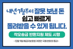 내년 7월부터 잘못보낸 돈
쉽고 빠르게
돌려받을 수 있게 됩니다.
착오송금 반환지원 제도 시행