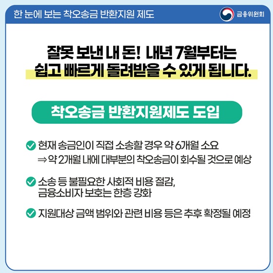 잘못 보낸 내 돈! 내년 7월부터는 쉽고 빠르게 돌려받을 수 있게 됩니다.
 [착오송금 반환지원제도 도입]
- 현재 송금인이 직접 소송할 경우 약 6개월 소요
→ 약 2개월 내에 대부분의 착오송금이 회수될 것으로 예상
- 소송등 불필요한 사회적 비용 절감, 금융소비자 보호는 한층 강화
- 지원대상 금액 범위와 관련 비용 등은 추후 확정될 예정