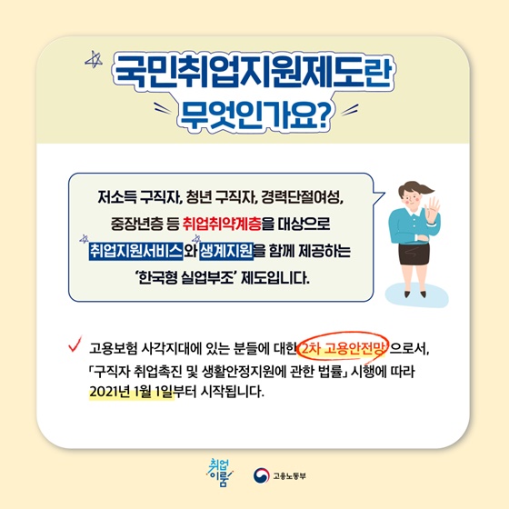 국민취업지원제도는 저소득 구직자, 청년 구직자, 경력단절여성, 중장년층 등 취업취약계층을 대상으로 취업지원서비스와 생계지원을 함께 제공하는 ‘한국형 실업부조’ 제도입니다.
▷ 고용보험 사각지대에 있는 분들에 대한 2차 고용안전망으로서, 「구직자 취업촉진 및 생활안정지원에 관한 법률」 시행에 따라 2021년 1월 1일부터 시작됩니다.