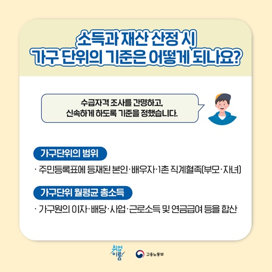 “소득과 재산 산정 가구 단위의 기준은 어떻게 되나요?”
수급자격 조사를 간명하고, 신속하게 하도록 기준을 정했습니다.