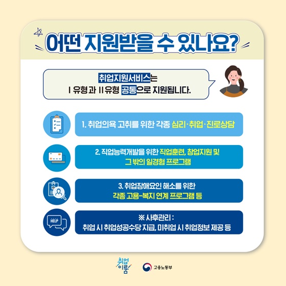 “어떤 지원받을 수 있나요?”
‘취업지원서비스’는 I 유형과 II 유형 공통으로 지원됩니다.