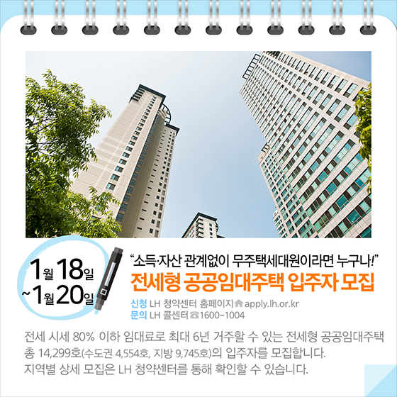 ◆ “소득·자산 관계없이 무주택세대원이라면 누구나!”…전세형 공공임대주택 입주자 모집(1월 18일~20일)
전세 시세 80% 이하 임대료로 최대 6년 거주할 수 있는 전세형 공공임대주택 총 14,299호의 입주자를 모집합니다. 지역별 상세 모집은 LH 청약센터를 통해 확인할 수 있습니다.