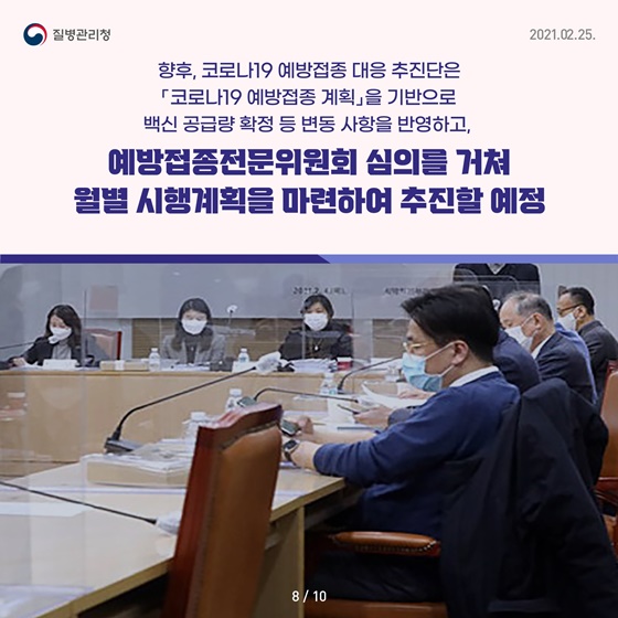 향후, 코로나19 예방접종 대응 추진단은 코로나19 예방접종 계획을 기반으로 배산 공급량 확정 등 변동 사항을 반영하고,예방접종전문위원회 심의를 거쳐 월별 시행계획을 마련하여 추진할 예정