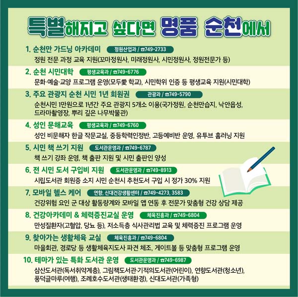 특별해지고 싶다면 명품 순천에서
1. 순천만 가드닝 아카데미
2. 순천 시민대학
3. 주요 관광지 순천 시민 1년 회원권
4. 성인 문해교육
5. 시민 책 스기 지원
6. 전 시민 도서 구입비 지원
7. 모바일 헬스 케어
8. 건강아카데미 & 체력증진교실 운영
9. 찾아가는 생활체육 교육
10. 테마가 있는 특화도시관 운영