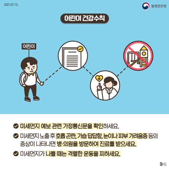 ▷어린이 건강수칙
-미세먼지 예보 관련 가정통신문을 확인하세요
-미세먼지 노출후 호흡곤란, 가습 답답함, 눈이나 피부가려움증 등의 증상이 나타나면 병·의원을 방문하여 진료를 받으세요. 
-미세먼지가 나쁠 때는 격렬한 운동을 피하세요.