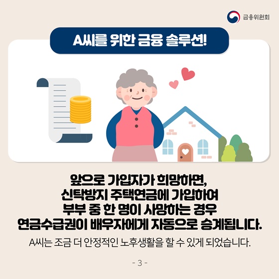 A씨를 위한 금융솔루션!
앞으로 가입자가 희망하면, 신탁방지 주택연금에 가입하여 부부 중 한 명이 사망하는 경우 연금수급권이 배우자에게 자동으로 승계됩니다. 
A씨는 조금 더 안정적인 노후생활을 할 수 있게 되었습니다.