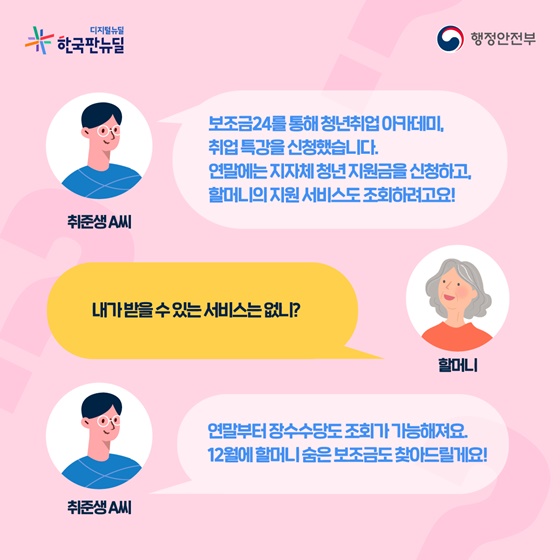 취준생A씨_“보조금24를 통해 청년취업 아카데미, 취업 특강을 신청했습니다. 연말에는 지자체 청년 지원금을 신청하고, 할머니의 지원 서비스도 조회하려고요!”
할머니_“내가 받을 수 있는 서비스는 없니?”
취준생A씨_“연말부터 장수수당도 조회가 가능해져요. 12월에 할머니 숨은 보조금도 찾아드릴게요!”