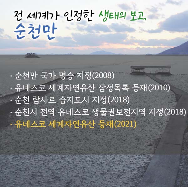 전 세계가 인정한 생태의 보고, 순천만
- 순천만 국가 명승 지정(2008)
- 유네스코 세계자연유산 잠정목럭 등재(2010)
- 순천 람사르 습지도시 지정(2018)
- 유네스코 세계자연유산 등재(2021)