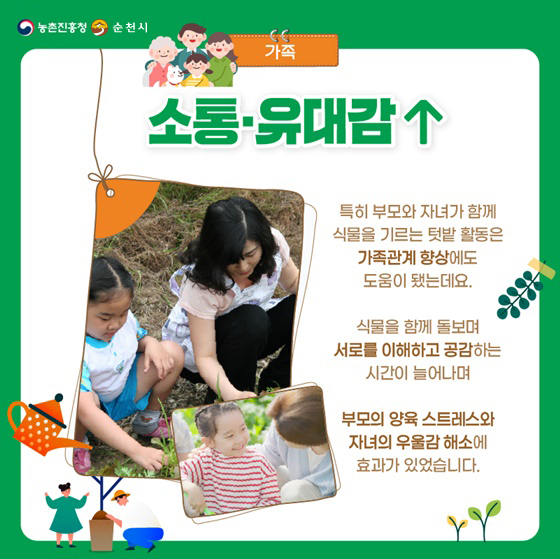 가족
소통.유대감↑
특히 부모와 자녀가 함께 식물을 기르는 텃밭 활동은 가족관계 향상에도 도움이 됐는데요
식물을 함게 돌보며 서로를 이해하고 공감하는 시간이 늘어나며
부모의 양육 스트레스와 자녀의 우울감 해소에 효과가 있습니다.