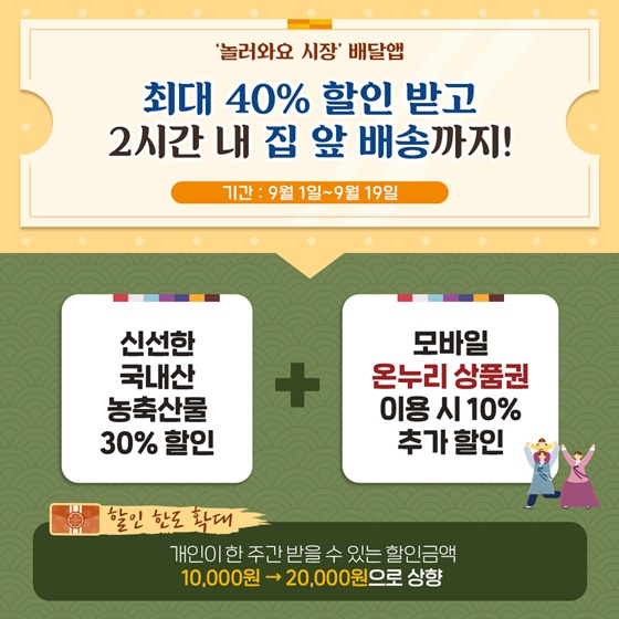 ‘놀러와요 시장’ 배달앱 최대 40% 할인 받고 2시간 내 집 앞 배송까지!
기간 : 9월 1일 ~ 9월 19일
- 신선한 국내산 농축산물 30% 할인 
- 모바일 온누리 상품권 이용 시 10% 추가 할인