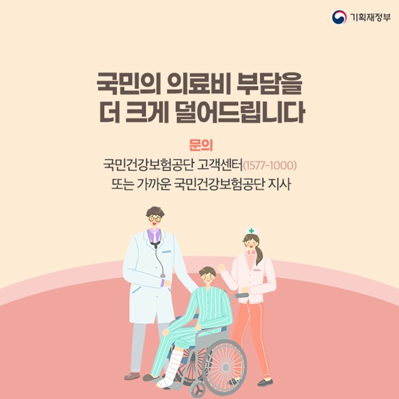 국민의 의료비 부담을 
더 크게 덜어드립니다
[문의] 국민건강보험공단 고객센터 ☎1577-1000
또는 가까운 국민건강보험공단 지사