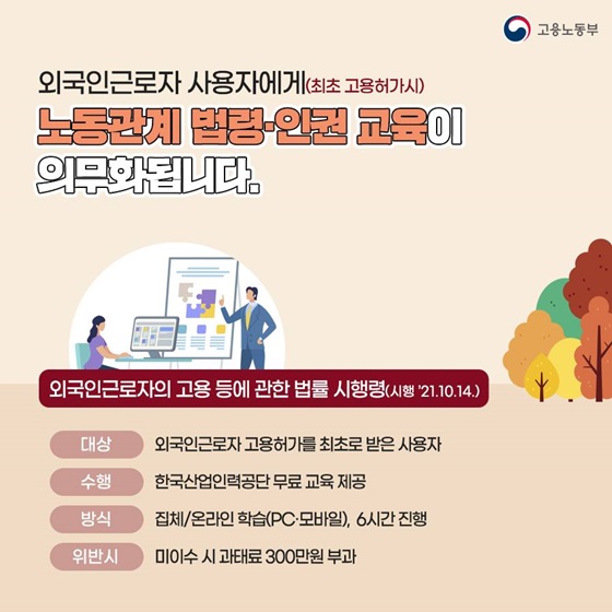 ◆ 외국인근로자 사용자에게(최초 고용허가 시) 노동관계 법령·인권 교육이 의무화됩니다.
외국인근로자의 고용 등에 관한 법률 시행령(시행 ’21.10.14.)