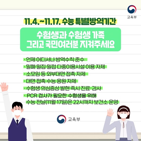 [11.4.~11.17. 수능 특별 방역기간]
수험생과 수험생 가족 그리고 국민 여러분 지켜주세요.
• 언제 어디서나 방역수칙 준수
• 밀폐·밀집·밀접 다중이용시설 이용 자제
• 소모임 등 외부대면 접촉 자제
• 대면 접촉 수능 응원 자제
• 수험생 의심증상 발현 즉시 진료·검사
• PCR 검사가 필요한 수험생을 위해