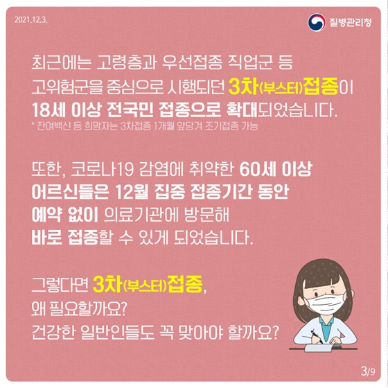 최근에는 고령층과 우선접종 직업군 등 고위험군을 중심으로 시행되던 3차(부스터) 접종이 18세 이상 전국민 접종으로 확대되었습니다. 
또한, 코로나19 감염에 취약한 60세 이상 어르신들은 12월 집중 접종기간 동안 예약 없이 의료기관에 방문해 바로 접종할 수 있게 되었습니다.