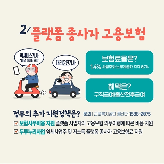 2. 플랫폼 종사자 고용보험 적용 시행
플랫폼을 기반으로 일하는 퀵서비스 기사？대리운전 기사도 고용보험이 적용되어, 실업급여와 출산전후급여를 받을 수 있게 되었습니다. 개정 규정은 2022년 1월 1일 이후의 노무 제공부터 적용됩니다.