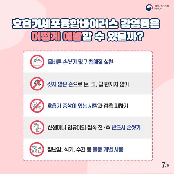 호흡기세포융합바이러스 감염증은 어떻게 혜방할 수 있을까요
올바른 손씻기 및 기침예절 실천
씻지 않은 손으로 눈,코,입 만지지 않기
호흡기 증상이 있는 사람과 접촉 피하기
신행아나 영유아와 접속 전.후 반드시 손씻기
장난감, 식기, 수건 등 물품 개별 사용