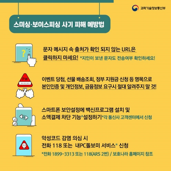 ◆ 스미싱·보이스피싱 사기 피해 예방법
- 문자 메시지 속 출처가 확인 되지 않는 URL은 클릭하지 마세요!
* 지인이 보낸 문자도 전송여부 확인하세요!