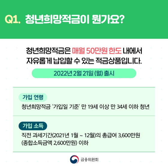 Q. 청년희망적금이 뭔가요?
A. 청년희망적금은 매월 50만원 한도 내에서 자유롭게 납입할 수 있는 적금상품입니다. (2022년 2월 21일(월) 출시)
- 가입 연령 : 청년희망적금 ‘가입일 기준’ 만 19세 이상 만 34세 이하 청년
- 가입 소득 : 직전 과세기간(2021년 1월~12월)의 총급여 3600만원(종합소득금액 2600만원) 이하