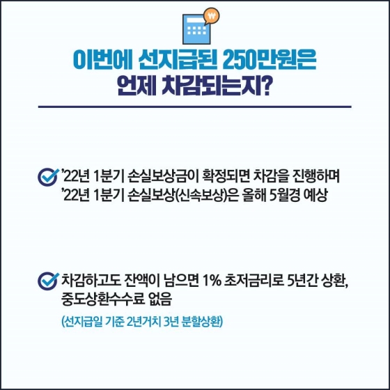 ◆ 이번에 선지급된 250만원은 언제 차감되는지?
- ’22년 1분기 손실보상금이 확정되면 차감을 진행하며 ’22년 1분기 손실보상(신속보상)은 올해 5월경 예상