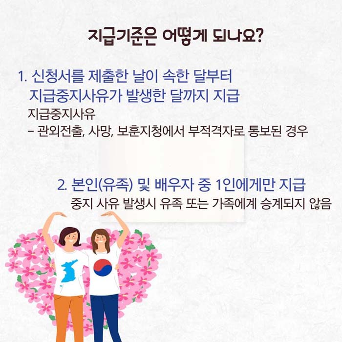 지급기준은 어떻게 되나요?
1. 신청서를 제출한 날이 속한 달부터 지급중지사유가 발생한 달가지 지급
 - 지급중지사유 : 관외젖출, 사망, 보훈지청에서 부적격자로 통보된 경우
2. 본인(유족) 및 배우자 중 1인에게만 지급