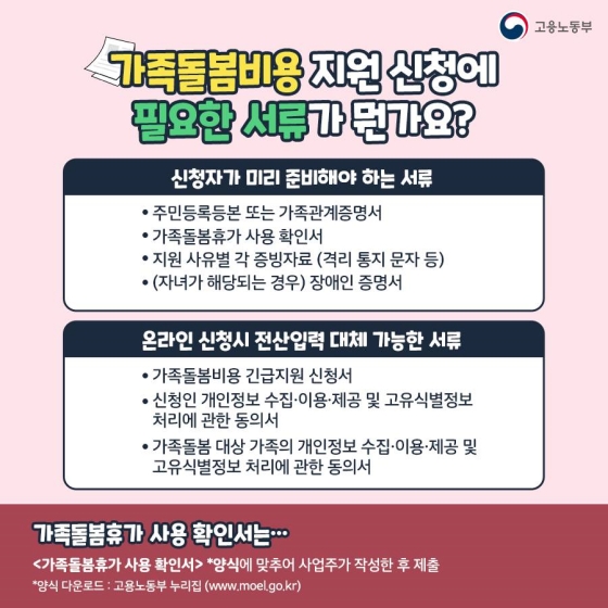 ◆ 가족돌봄비용 지원 신청에 필요한 서류가 뭔가요?
[신청자가 미리 준비해야 하는 서류]
- 주민등록등본 또는 가족관계증명서
- 가족돌봄휴가 사용 확인서
- 지원 사유별 각 증빙자료(격리 통지 문자 등)
- (자녀가 해당되는 경우) 장애인 증명서