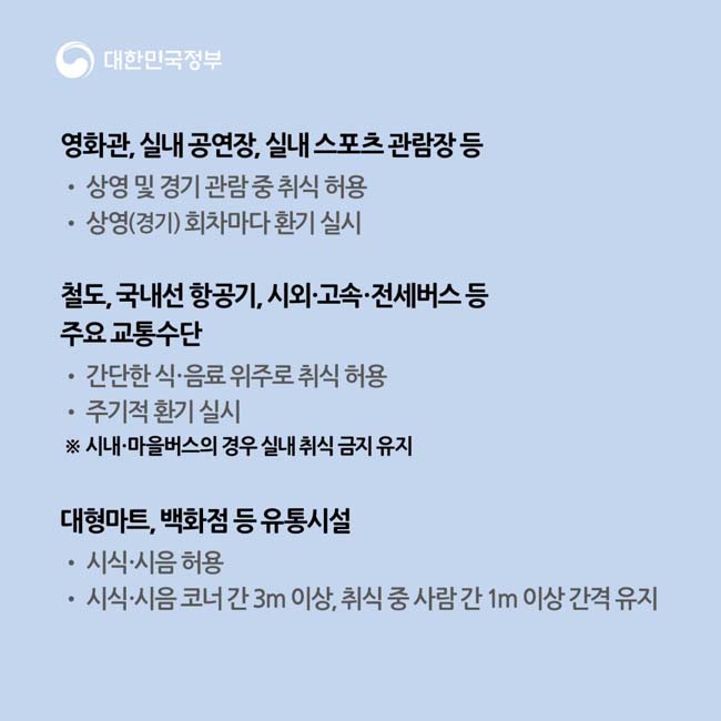 영화관, 실내공영장 실내 스포츠 관괌장 등
철도, 국내선 항공기, 시외·고속·전세버스 등 주요 교통수단
대형마트, 배고하점 등 유통시설