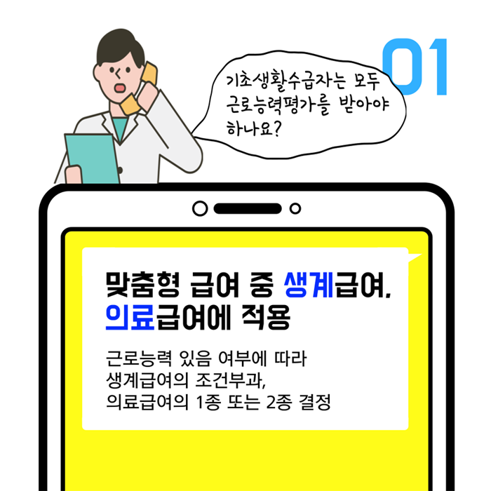 기초생활수급자는 모두 근로능력평가를 받아야 하나요?
맞춤형 급여 중 생계급여, 의료급여에 적용
근로능력이 있음 여부에 따라 생계급여의 조건부과, 의료급여의 1종 또는 2종 결정