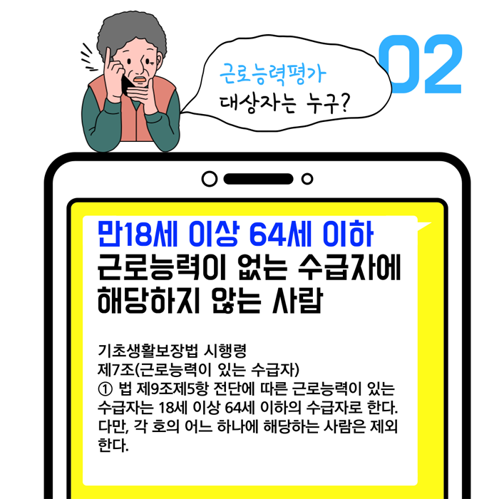 근로능력평가 대상자는 누구?
만 18세 이상 64세 이;하 근로능력이 없는 수급자에 해당하지 않는 사람
기초생활보장법 시행력 제7조(근로능력이 있는 수급자
ⓢ 법 제9조제5할 전잔에 따른 근로능력이 있는 수급자 18새이상 64세 이하의수급자로 한다.