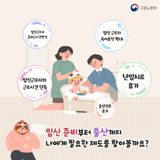 ◆ 임신 준비부터 출산까지 나에게 필요한 제도를 찾아볼까요?
- 임신 근로자 출퇴근 시간 변경
- 임신 근로자의 근로시간 단축
- 임신 근로자 육아휴직 확대
- 난임치료 휴가
- 출산 전후 휴가