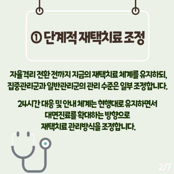 ① 단계적 재택 치료 조정
 자율 격리 전환 전까지 지금의 재택 치료 체계를 유지하되, 집중 관리 군과 일반 관리 군의 관리 수준은 일부 조정합니다.
24시간 대응 및 안내 체계는 현행대로 유지하면서 대면 진료를 확대하는 방향으로 재택 치료 관리 방식을 조정합니다.