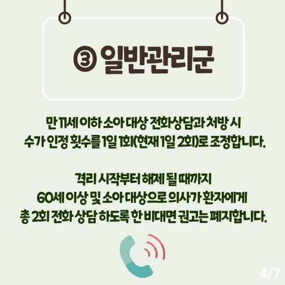 ③ 일반 관리 군
 만 11세 이하 소아 대상 전화상담과 처방 시 수가 인정 횟수를 1일 1회 (현재 1일 2회)로 조정합니다.
격리 시작부터 해제될 때까지 60세 이상 및 소아 대상으로 의사가 환자에게 총 2회 전화 상담하도록 한 비대면 권고는 폐지합니다.