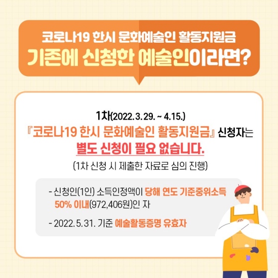 ◆ 코로나19 한시 문화예술인 활동 지원금, 기존에 신청한 예술인이라면?
1차 (2022.03.29. ~ 4.15) 「코로나19 한시 문화예술인 활동 지원금」 신청자는 별도 신청이 필요 없습니다.
(1차 신청 시 제출한 자료로 심의 진행)