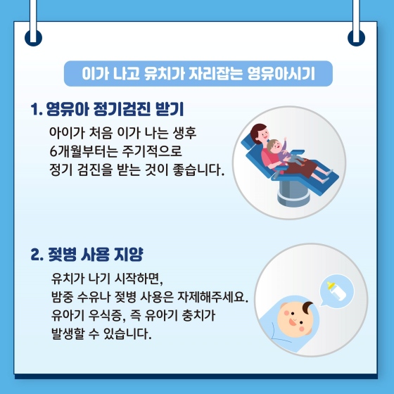 ◆ 이가 나고 유치가 자리 잡는 영유아 시기
1. 영유아 정기검진 받기
2. 젖병 사용 지양