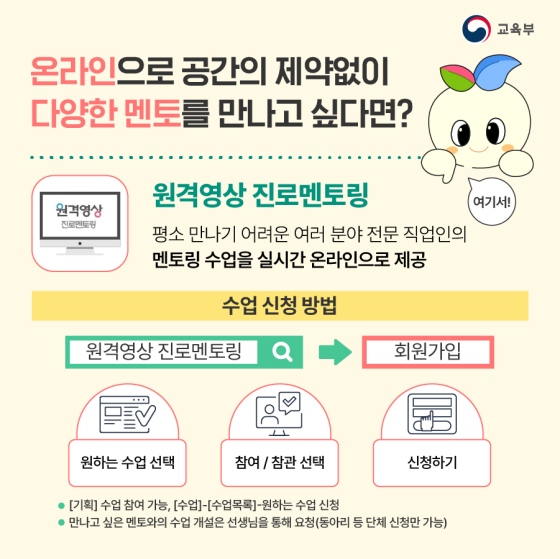 ◆ 온라인으로 공간의 제약 없이 다양한 멘토를 만나고 싶다면?
ㆍ 원격영상 진로 멘토링 
평소 만나기 어려운 여러 분야 전문 직업인의 멘토링 수업을 실시간 온라인으로 제공
ㆍ 수업 신청 방법
①원격 영상 진로 멘토링 → 회원가입
② 원하는 수업 선택 → 참여/참관 선택 → 신청하기