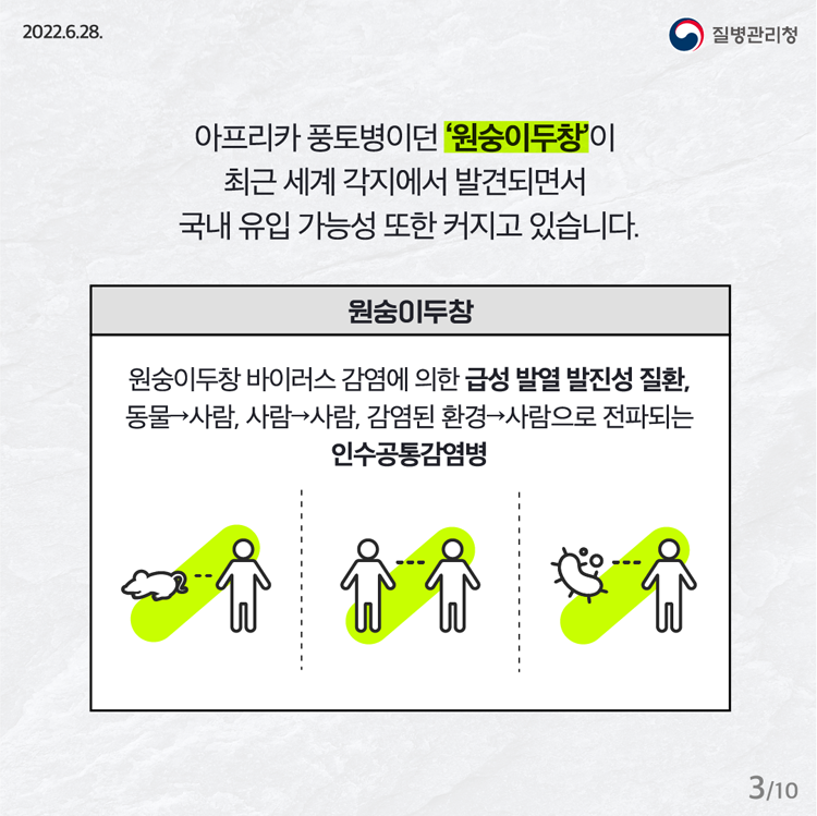 아프리카 풍토병이던 원숭이두창이 최근 세계 각지에서 발견되면서 국네 유입 가능성 또한 커지고 있습니다.
원숭이 두창 바이러스 감염에 의한 급성 발영 발진성 질환, 동물→사람, 사람→사람, 감염된 환경→사람으로 전파되는 인수공통감염병