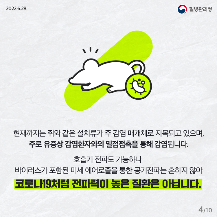 현재까지 쥐와 같은 설치류가 주 감염 매개체로 지목되고 있으며, 주로 유증상 감염환자와의 밀접접촉을 통해 감염됩니다.
호흡기 전파도 가능하나 바이러스가 포함된 미세 에어로졸을 통한 공기전파는 흔하지 않아 코로나19처럼 전파력이 높은 질환은 아닙니다.